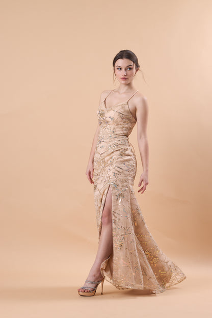72‑Hour Dispatch Champagne Sequin Mermaid Formal Dress Spaghetti Strap V‑Neck High Slit Evening Gown