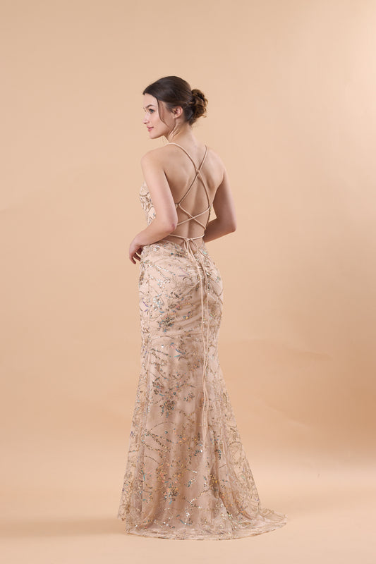 72‑Hour Dispatch Champagne Sequin Mermaid Formal Dress Spaghetti Strap V‑Neck High Slit Evening Gown