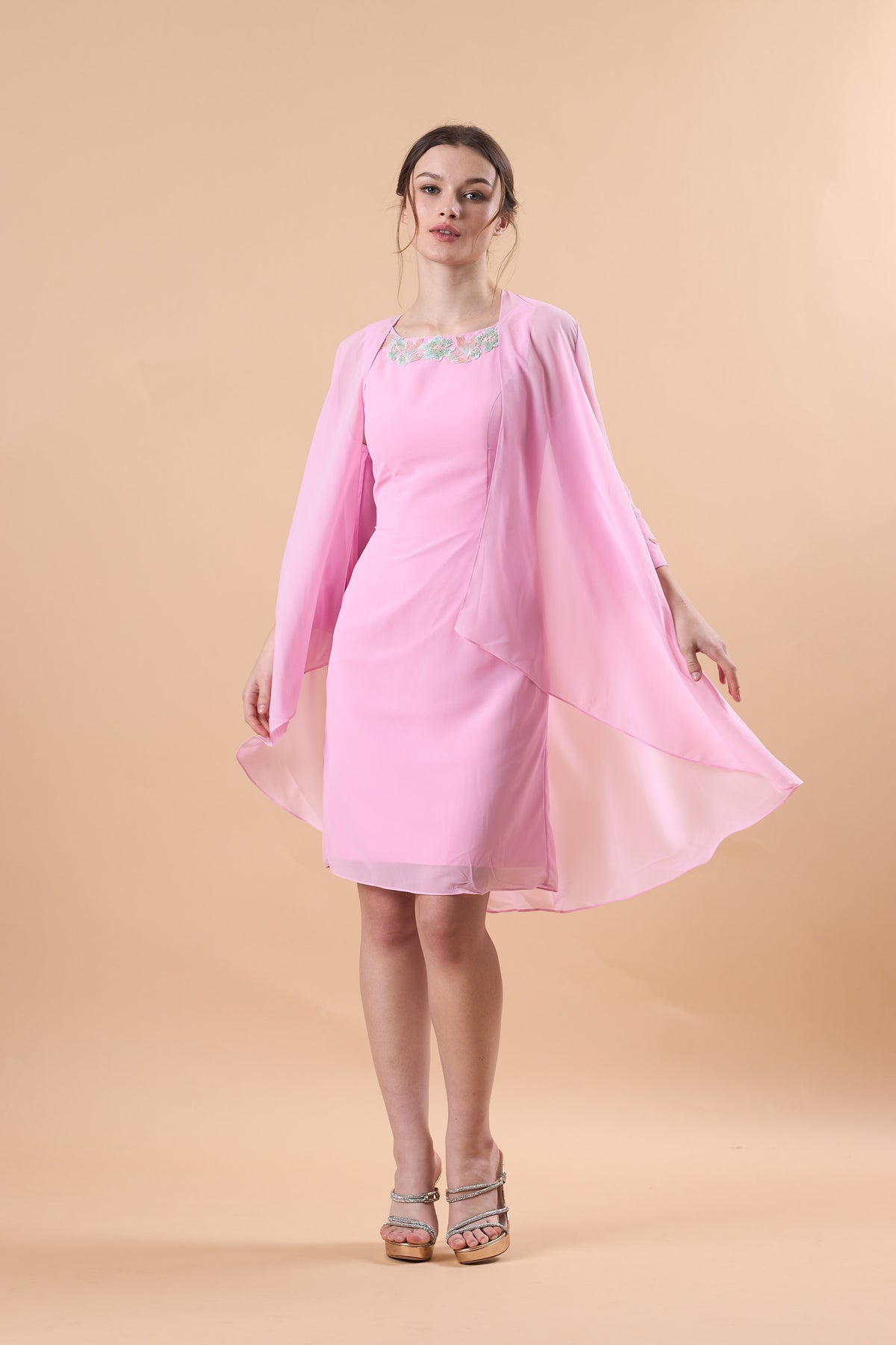 7‑Day Dispatch Pink Two‑Piece Chiffon Formal Dress Floral Embroidery Mother of the Bride Outfit