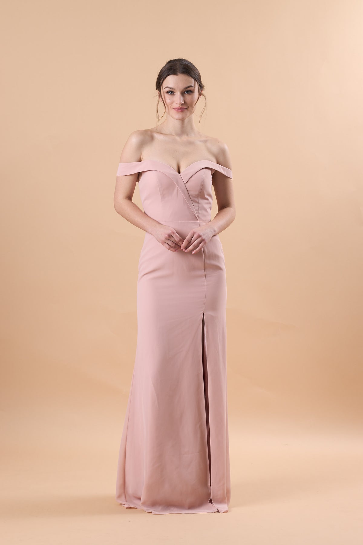 7‑Day Dispatch Blush Pink Off‑The‑Shoulder Evening Gown Notched Sweetheart Neck High Slit Formal Dress