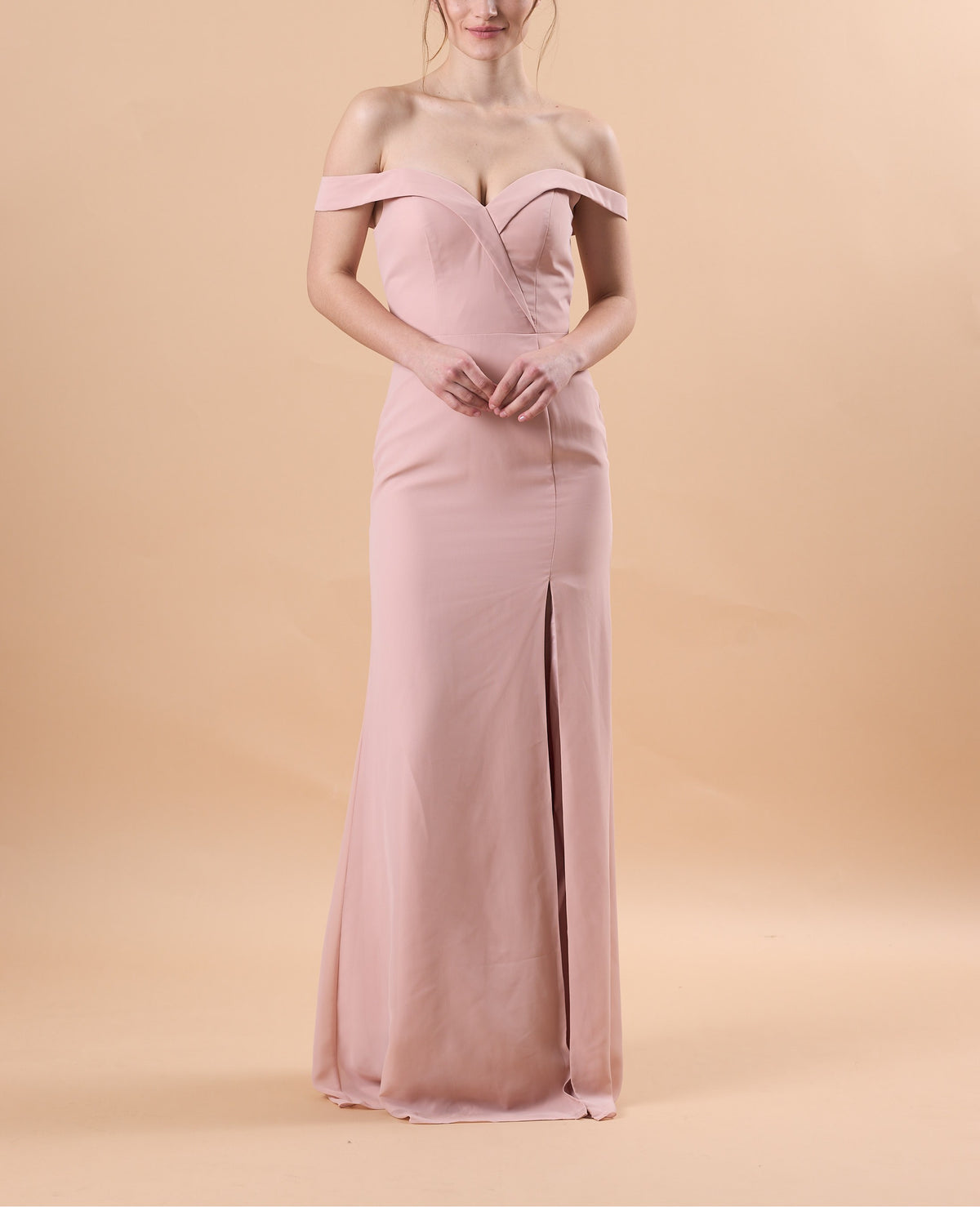 7‑Day Dispatch Blush Pink Off‑The‑Shoulder Evening Gown Notched Sweetheart Neck High Slit Formal Dress