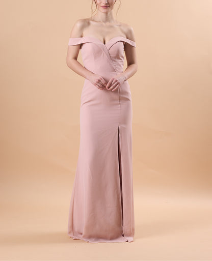 7‑Day Dispatch Blush Pink Off‑The‑Shoulder Evening Gown Notched Sweetheart Neck High Slit Formal Dress