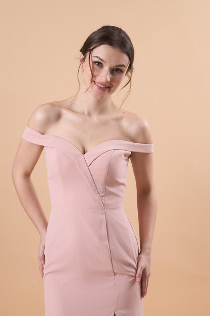 7‑Day Dispatch Blush Pink Off‑The‑Shoulder Evening Gown Notched Sweetheart Neck High Slit Formal Dress