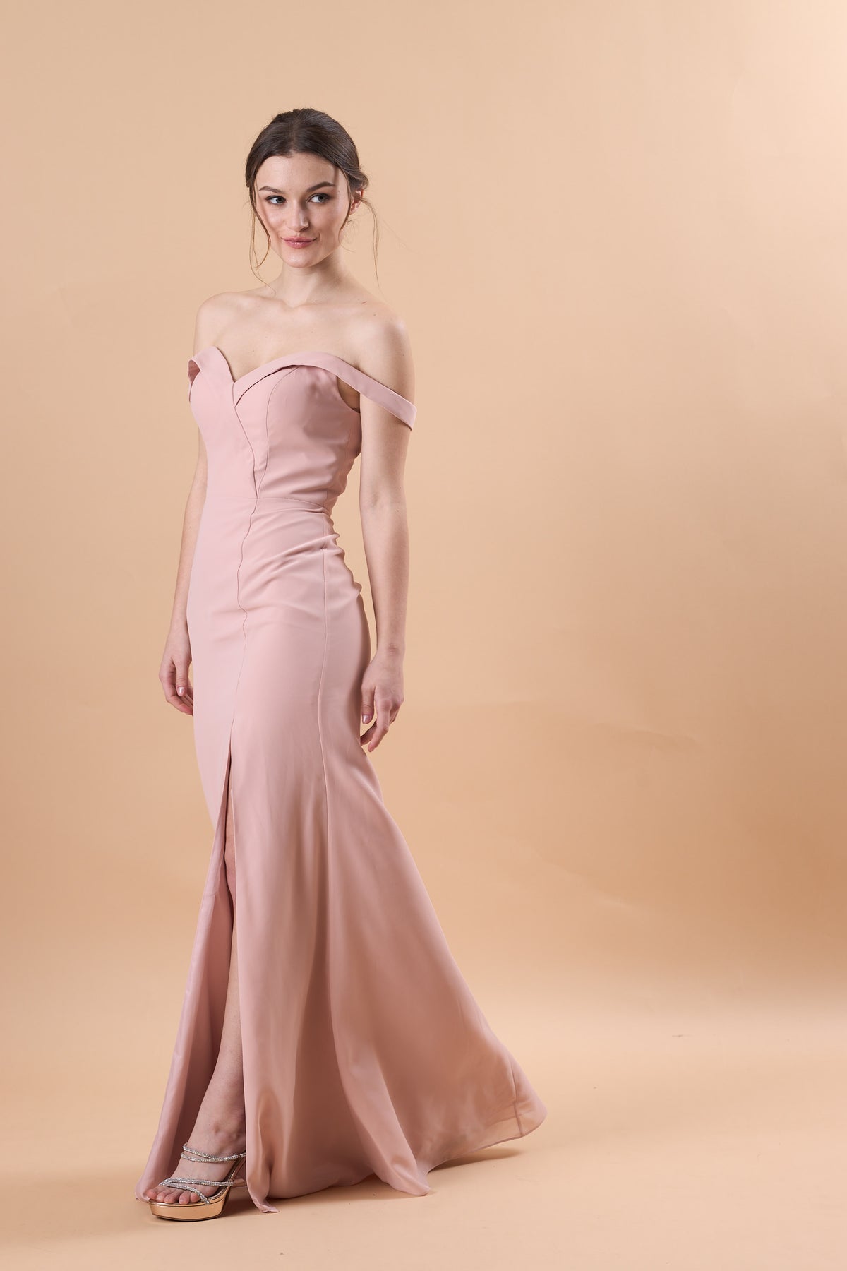 7‑Day Dispatch Blush Pink Off‑The‑Shoulder Evening Gown Notched Sweetheart Neck High Slit Formal Dress