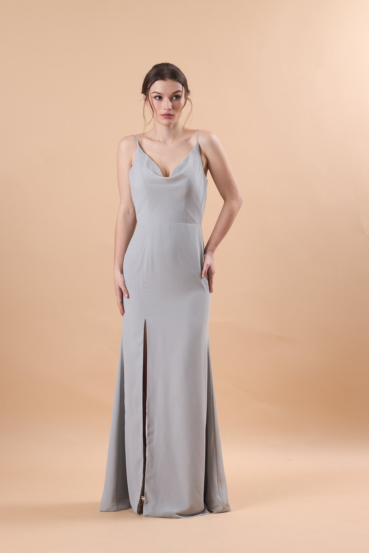 7‑Day Dispatch Dusty Grey Cowl Neck Spaghetti Strap Bridesmaid Dress High Slit Chiffon Formal Gown