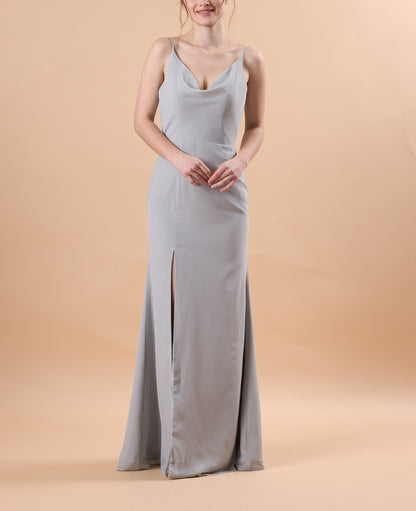 7‑Day Dispatch Dusty Grey Cowl Neck Spaghetti Strap Bridesmaid Dress High Slit Chiffon Formal Gown
