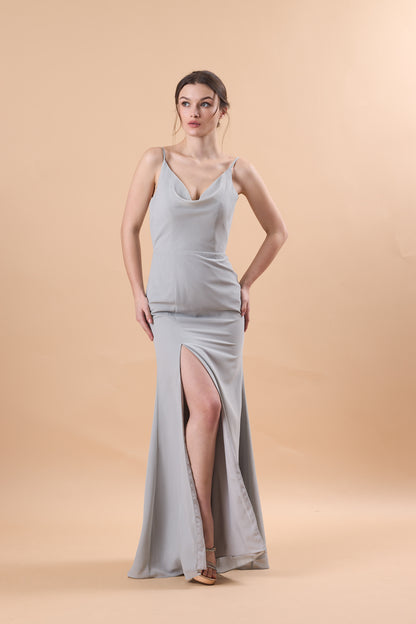 7‑Day Dispatch Dusty Grey Cowl Neck Spaghetti Strap Bridesmaid Dress High Slit Chiffon Formal Gown