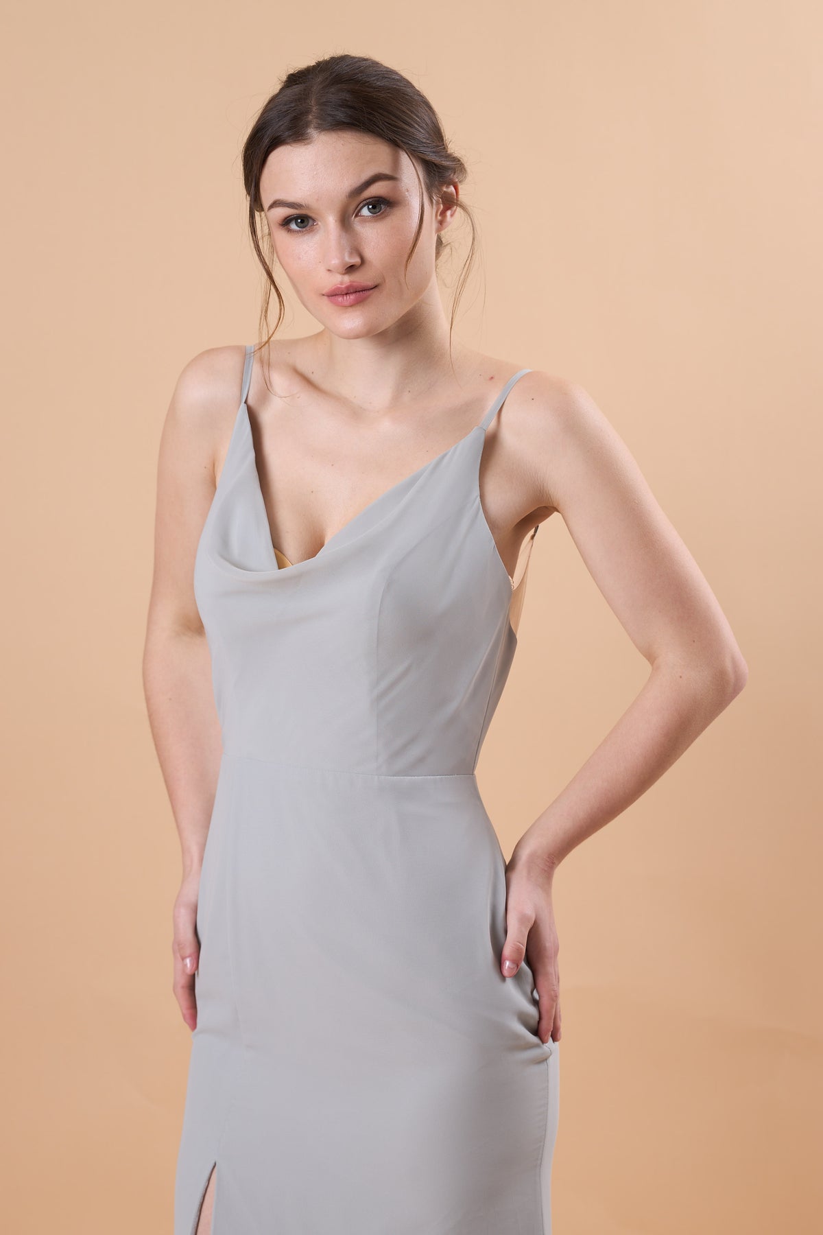 7‑Day Dispatch Dusty Grey Cowl Neck Spaghetti Strap Bridesmaid Dress High Slit Chiffon Formal Gown