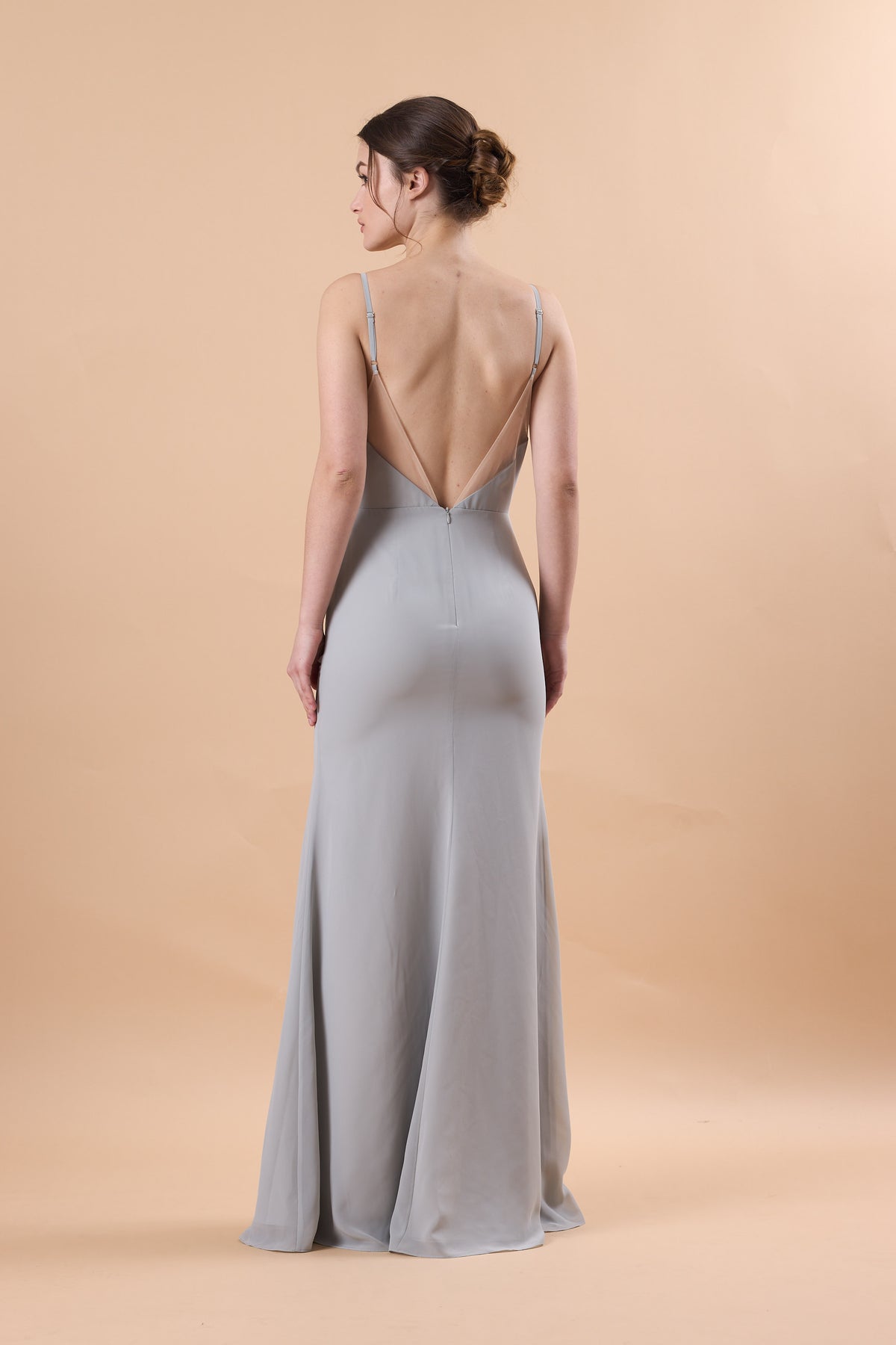 7‑Day Dispatch Dusty Grey Cowl Neck Spaghetti Strap Bridesmaid Dress High Slit Chiffon Formal Gown