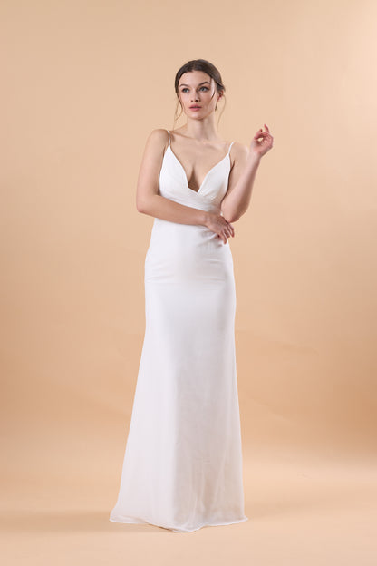 72‑Hour Dispatch White Spaghetti Strap Chiffon Long Bridesmaid Dress V‑Neck Mermaid Formal Gown