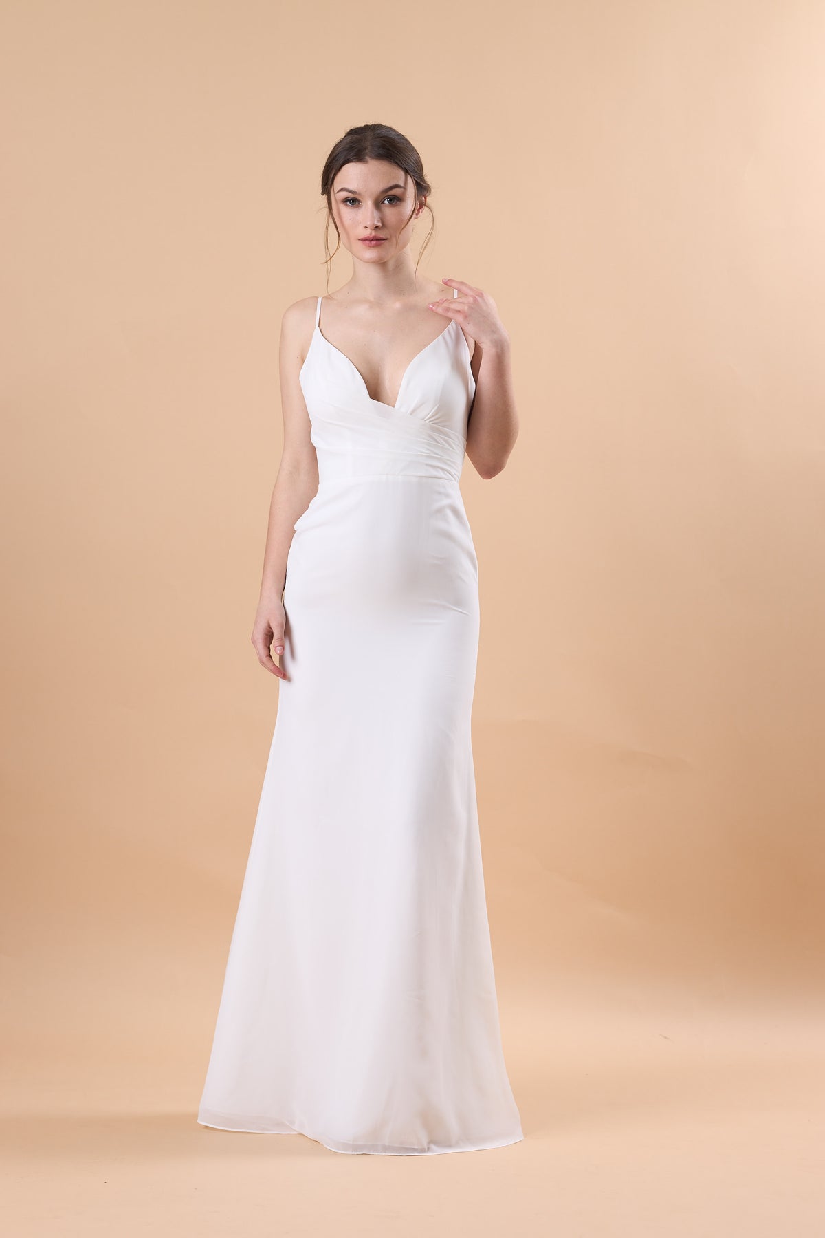 72‑Hour Dispatch White Spaghetti Strap Chiffon Long Bridesmaid Dress V‑Neck Mermaid Formal Gown