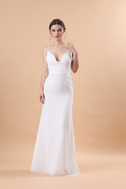 72‑Hour Dispatch White Spaghetti Strap Chiffon Long Bridesmaid Dress V‑Neck Mermaid Formal Gown