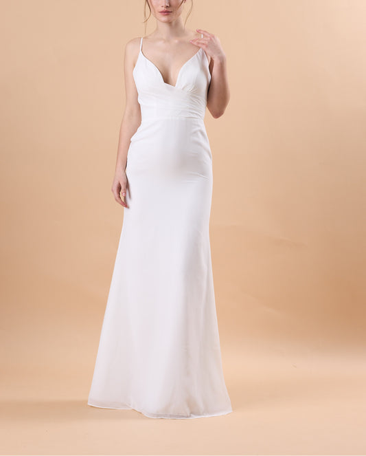 72‑Hour Dispatch White Spaghetti Strap Chiffon Long Bridesmaid Dress V‑Neck Mermaid Formal Gown