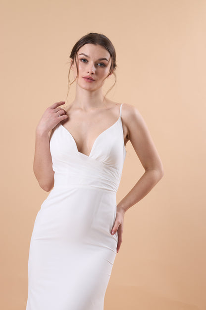72‑Hour Dispatch White Spaghetti Strap Chiffon Long Bridesmaid Dress V‑Neck Mermaid Formal Gown
