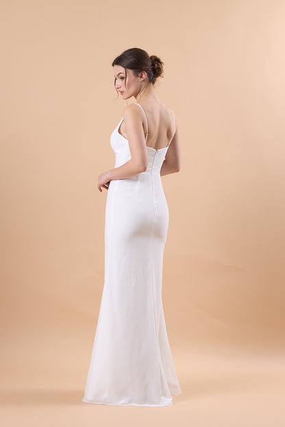 72‑Hour Dispatch White Spaghetti Strap Chiffon Long Bridesmaid Dress V‑Neck Mermaid Formal Gown
