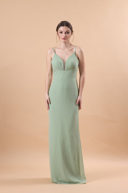 72‑Hour Dispatch Sage Green Spaghetti Strap Chiffon Long Bridesmaid Dress V‑Neck Mermaid Formal Gown