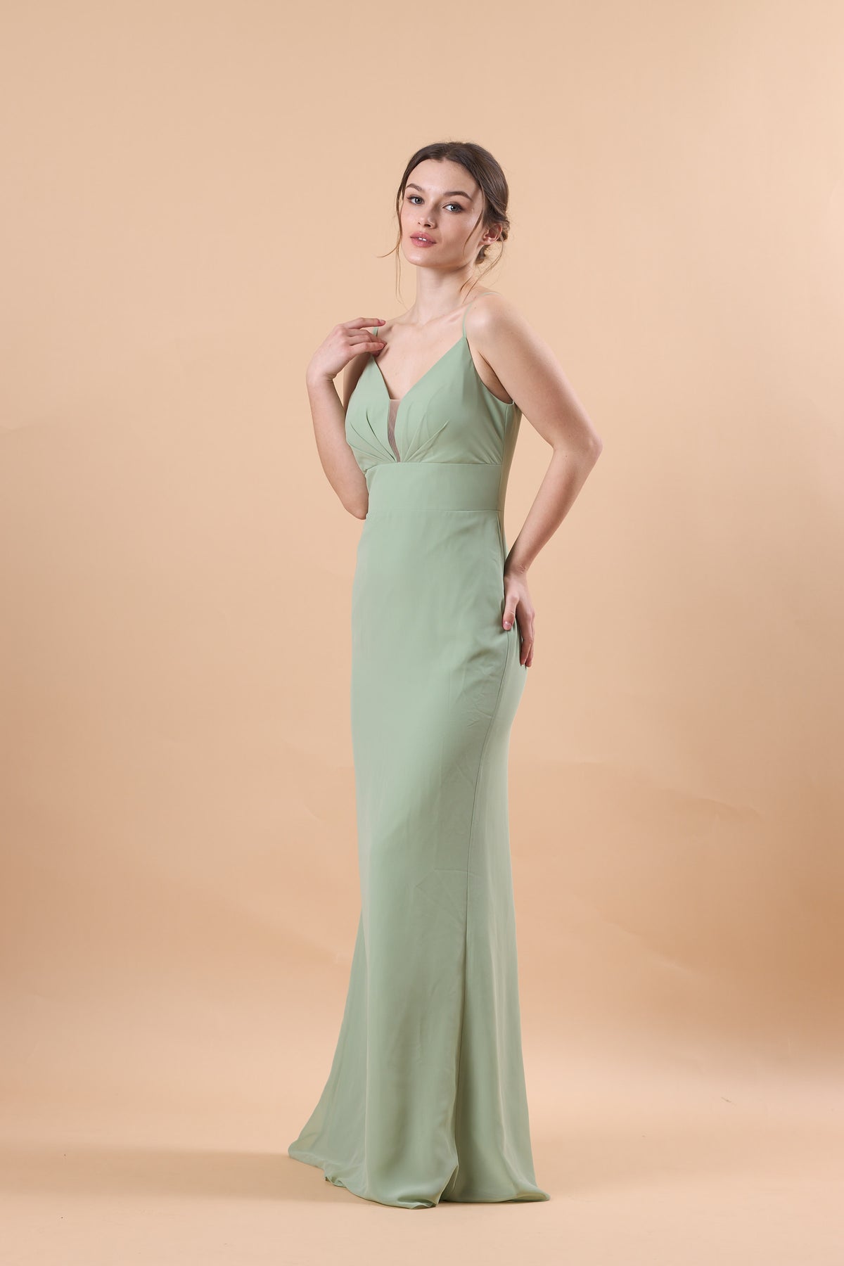 72‑Hour Dispatch Sage Green Spaghetti Strap Chiffon Long Bridesmaid Dress V‑Neck Mermaid Formal Gown