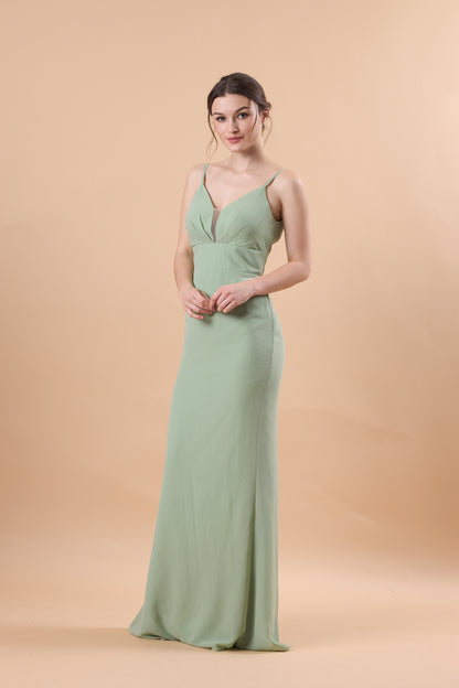 72‑Hour Dispatch Sage Green Spaghetti Strap Chiffon Long Bridesmaid Dress V‑Neck Mermaid Formal Gown