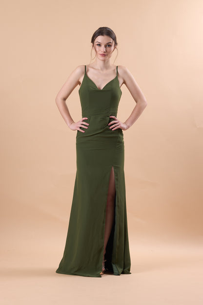 72‑Hour Dispatch Olive Green Spaghetti Strap Bridesmaid Dress, Cowl V‑Neck Mermaid Gown With High Slit