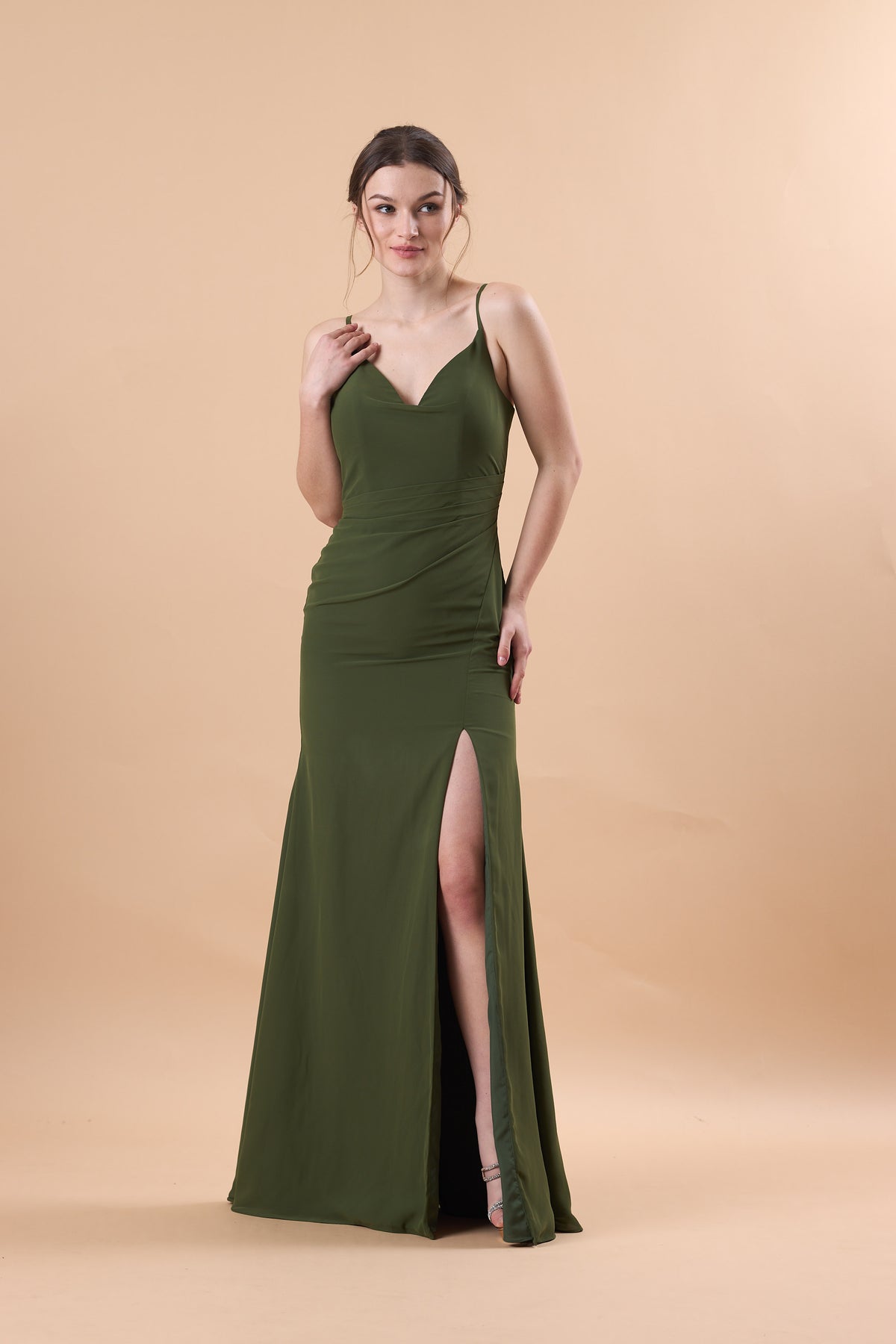 72‑Hour Dispatch Olive Green Spaghetti Strap Bridesmaid Dress, Cowl V‑Neck Mermaid Gown With High Slit