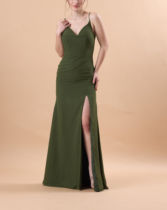 72‑Hour Dispatch Olive Green Spaghetti Strap Bridesmaid Dress, Cowl V‑Neck Mermaid Gown With High Slit