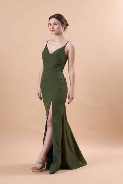 72‑Hour Dispatch Olive Green Spaghetti Strap Bridesmaid Dress, Cowl V‑Neck Mermaid Gown With High Slit
