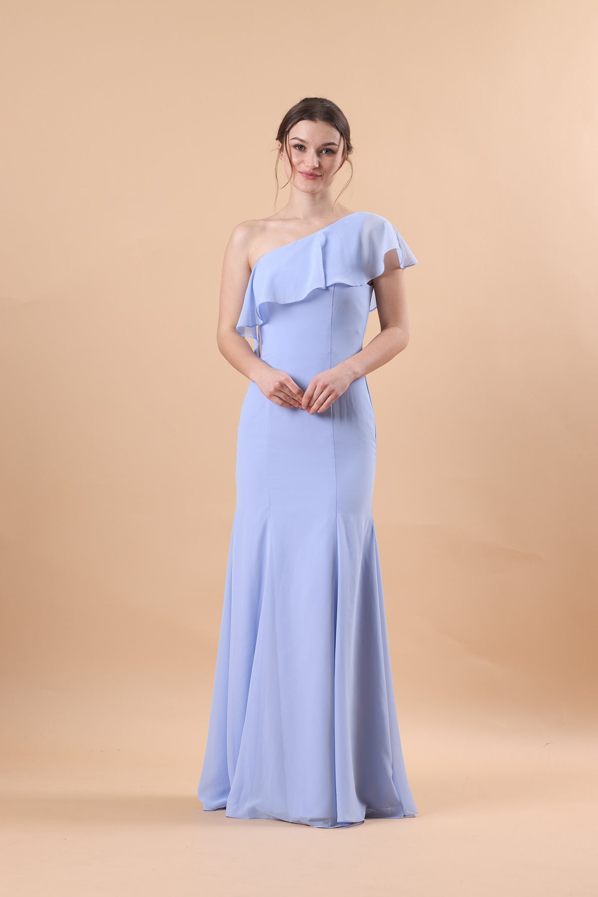 72‑Hour Dispatch Light Blue One‑Shoulder Ruffle Bridesmaid Dress, Mermaid 70D Chiffon Formal Gown