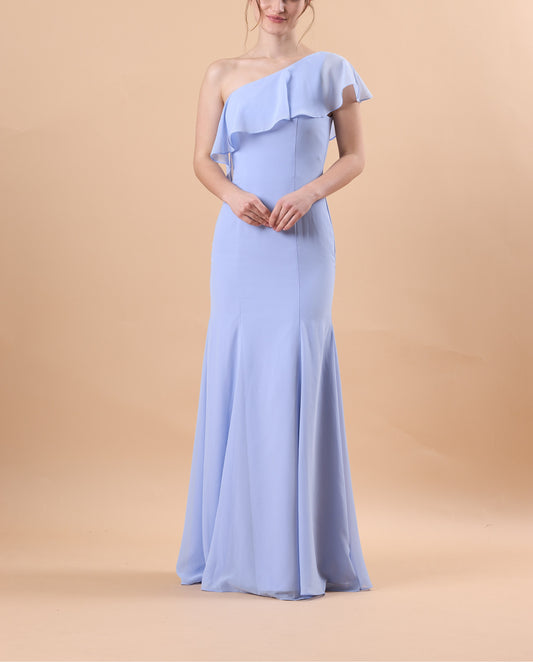 72‑Hour Dispatch Light Blue One‑Shoulder Ruffle Bridesmaid Dress, Mermaid 70D Chiffon Formal Gown