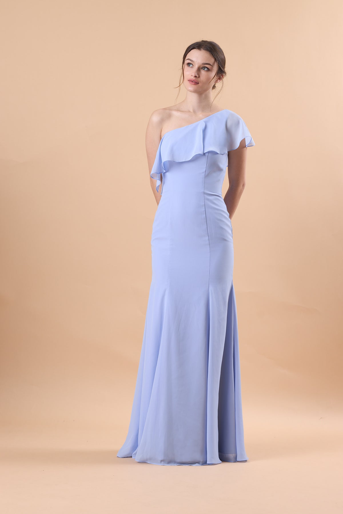 72‑Hour Dispatch Light Blue One‑Shoulder Ruffle Bridesmaid Dress, Mermaid 70D Chiffon Formal Gown