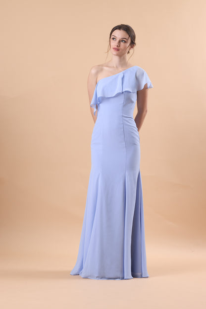 72‑Hour Dispatch Light Blue One‑Shoulder Ruffle Bridesmaid Dress, Mermaid 70D Chiffon Formal Gown
