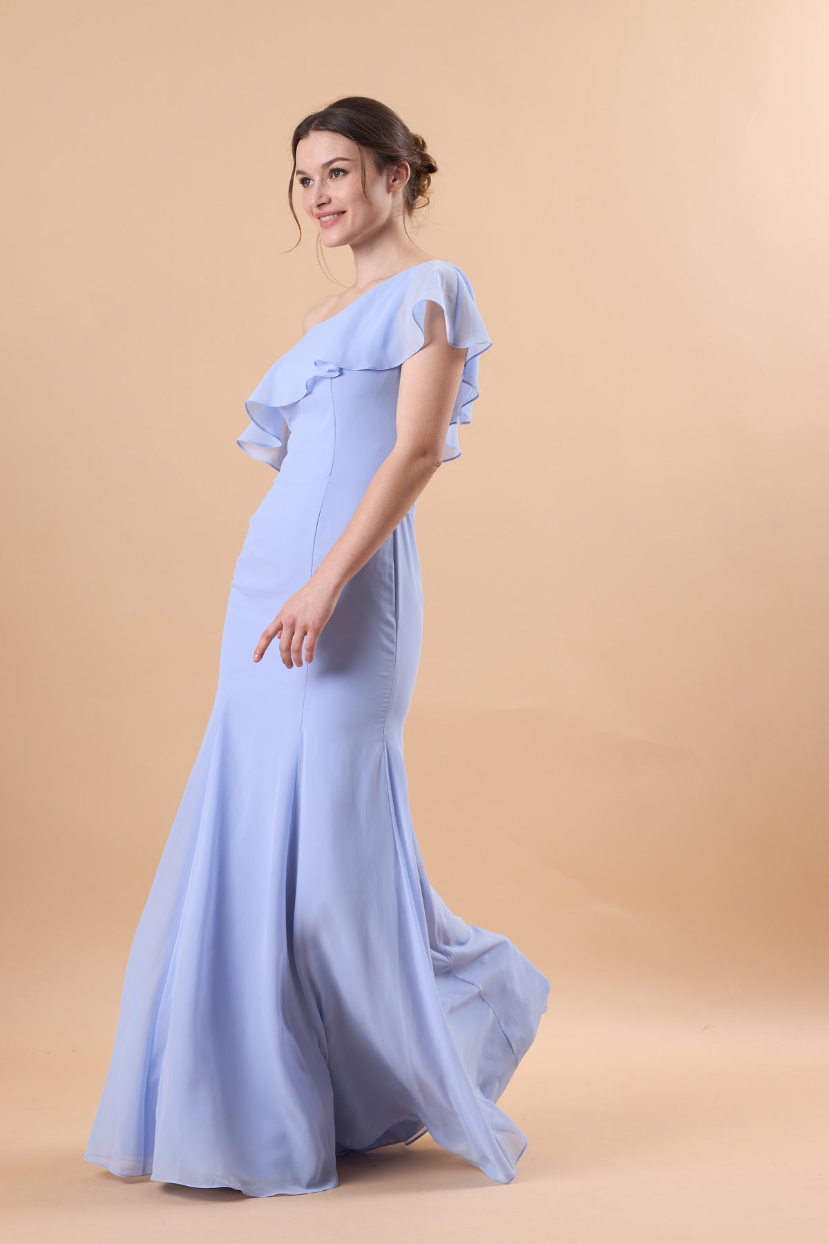 72‑Hour Dispatch Light Blue One‑Shoulder Ruffle Bridesmaid Dress, Mermaid 70D Chiffon Formal Gown
