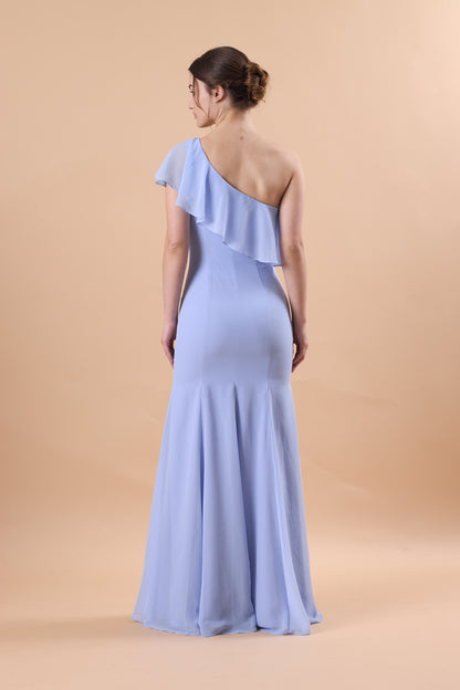 72‑Hour Dispatch Light Blue One‑Shoulder Ruffle Bridesmaid Dress, Mermaid 70D Chiffon Formal Gown