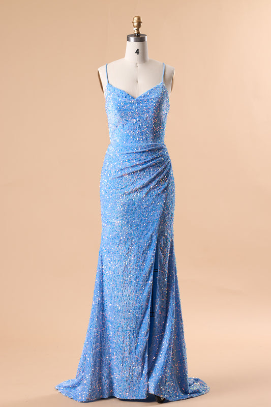 72‑Hour Dispatch Sky Blue Sequin Spaghetti Strap Evening Dress, Cowl Neck Mermaid Gown With High Slit