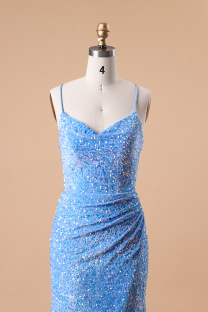 72‑Hour Dispatch Sky Blue Sequin Spaghetti Strap Evening Dress, Cowl Neck Mermaid Gown With High Slit