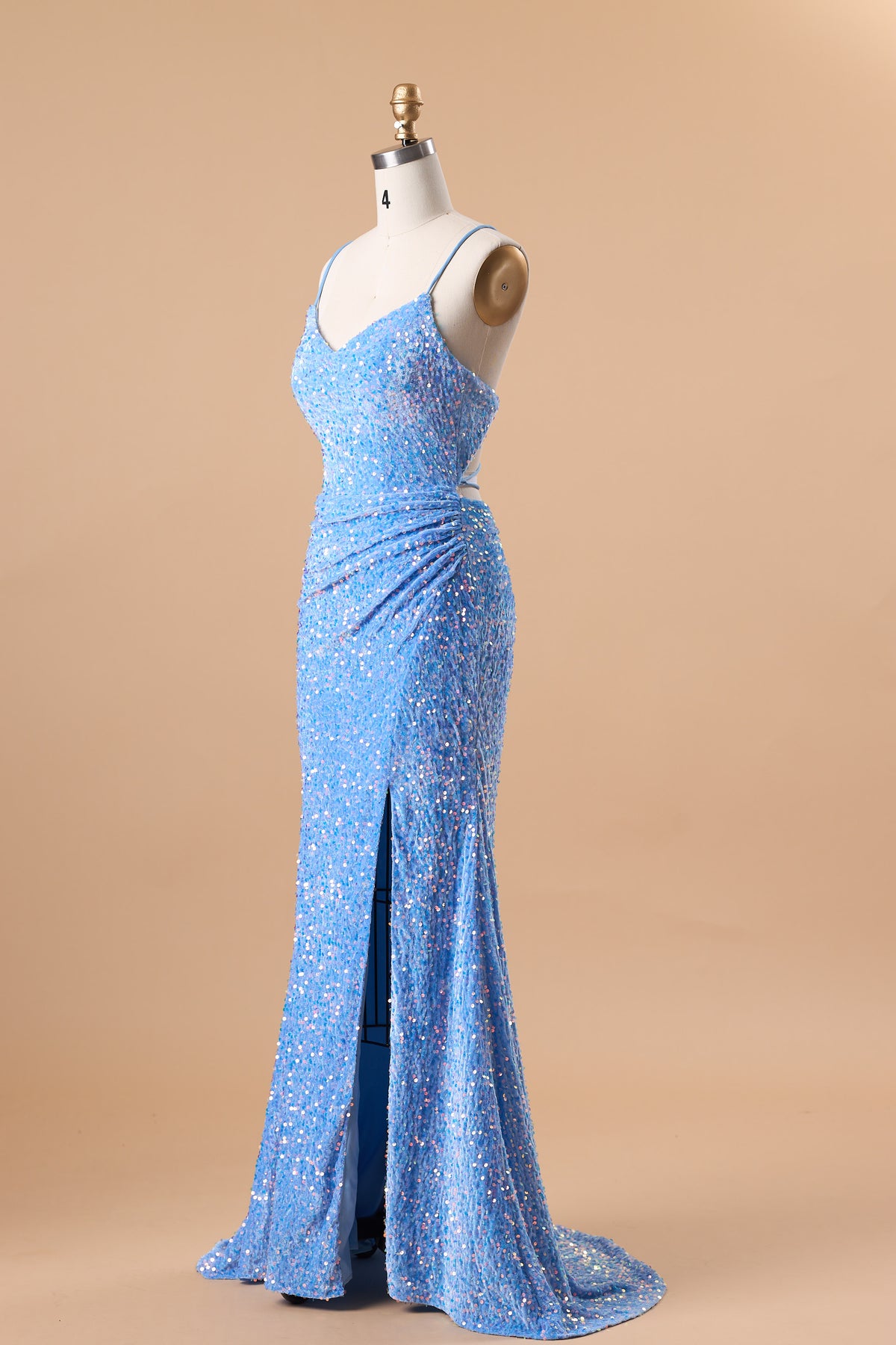 72‑Hour Dispatch Sky Blue Sequin Spaghetti Strap Evening Dress, Cowl Neck Mermaid Gown With High Slit