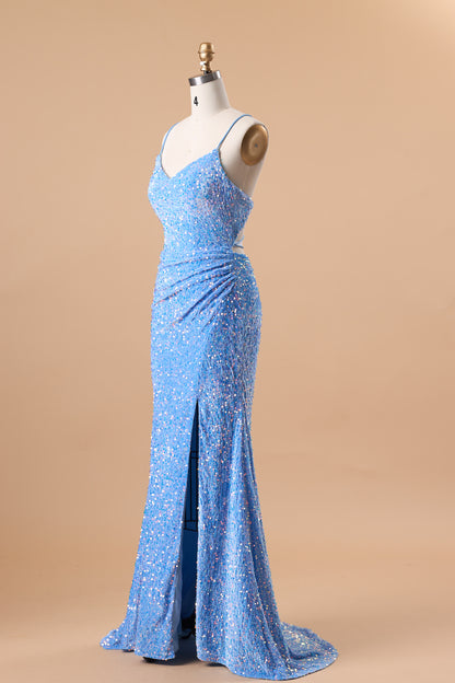 72‑Hour Dispatch Sky Blue Sequin Spaghetti Strap Evening Dress, Cowl Neck Mermaid Gown With High Slit