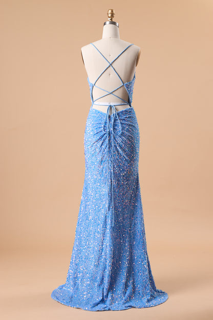 72‑Hour Dispatch Sky Blue Sequin Spaghetti Strap Evening Dress, Cowl Neck Mermaid Gown With High Slit