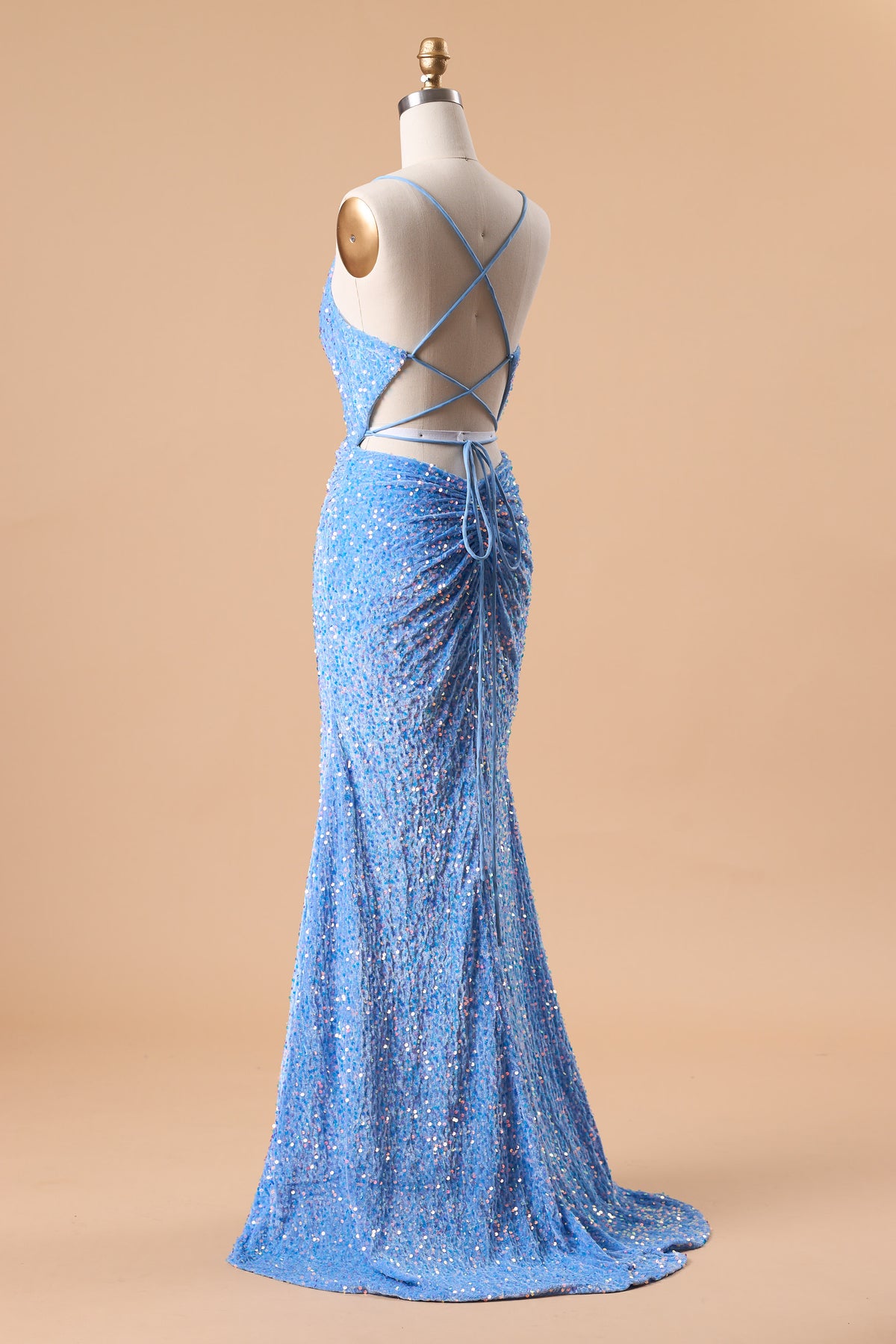 72‑Hour Dispatch Sky Blue Sequin Spaghetti Strap Evening Dress, Cowl Neck Mermaid Gown With High Slit