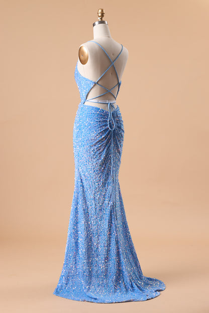 72‑Hour Dispatch Sky Blue Sequin Spaghetti Strap Evening Dress, Cowl Neck Mermaid Gown With High Slit