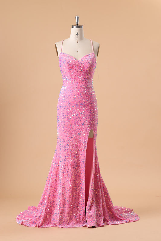 72‑Hour Dispatch Hot Pink Sequin Spaghetti Strap Prom Dress, Sweetheart Mermaid Gown With High Slit