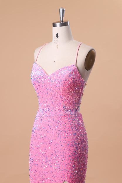 72‑Hour Dispatch Hot Pink Sequin Spaghetti Strap Prom Dress, Sweetheart Mermaid Gown With High Slit