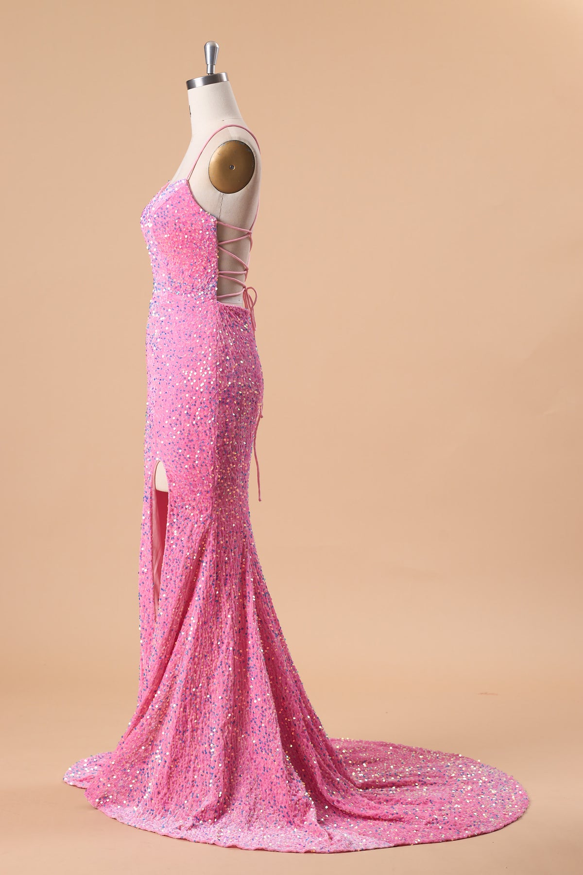 72‑Hour Dispatch Hot Pink Sequin Spaghetti Strap Prom Dress, Sweetheart Mermaid Gown With High Slit