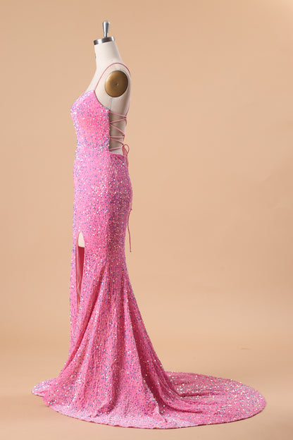 72‑Hour Dispatch Hot Pink Sequin Spaghetti Strap Prom Dress, Sweetheart Mermaid Gown With High Slit