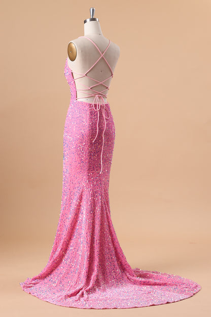 72‑Hour Dispatch Hot Pink Sequin Spaghetti Strap Prom Dress, Sweetheart Mermaid Gown With High Slit