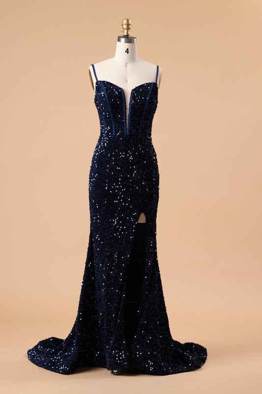 72‑Hour Dispatch Navy Blue Sequin Spaghetti Strap Prom Dress, Plunging Corset Mermaid Gown With High Slit