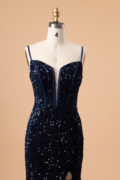 72‑Hour Dispatch Navy Blue Sequin Spaghetti Strap Prom Dress, Plunging Corset Mermaid Gown With High Slit