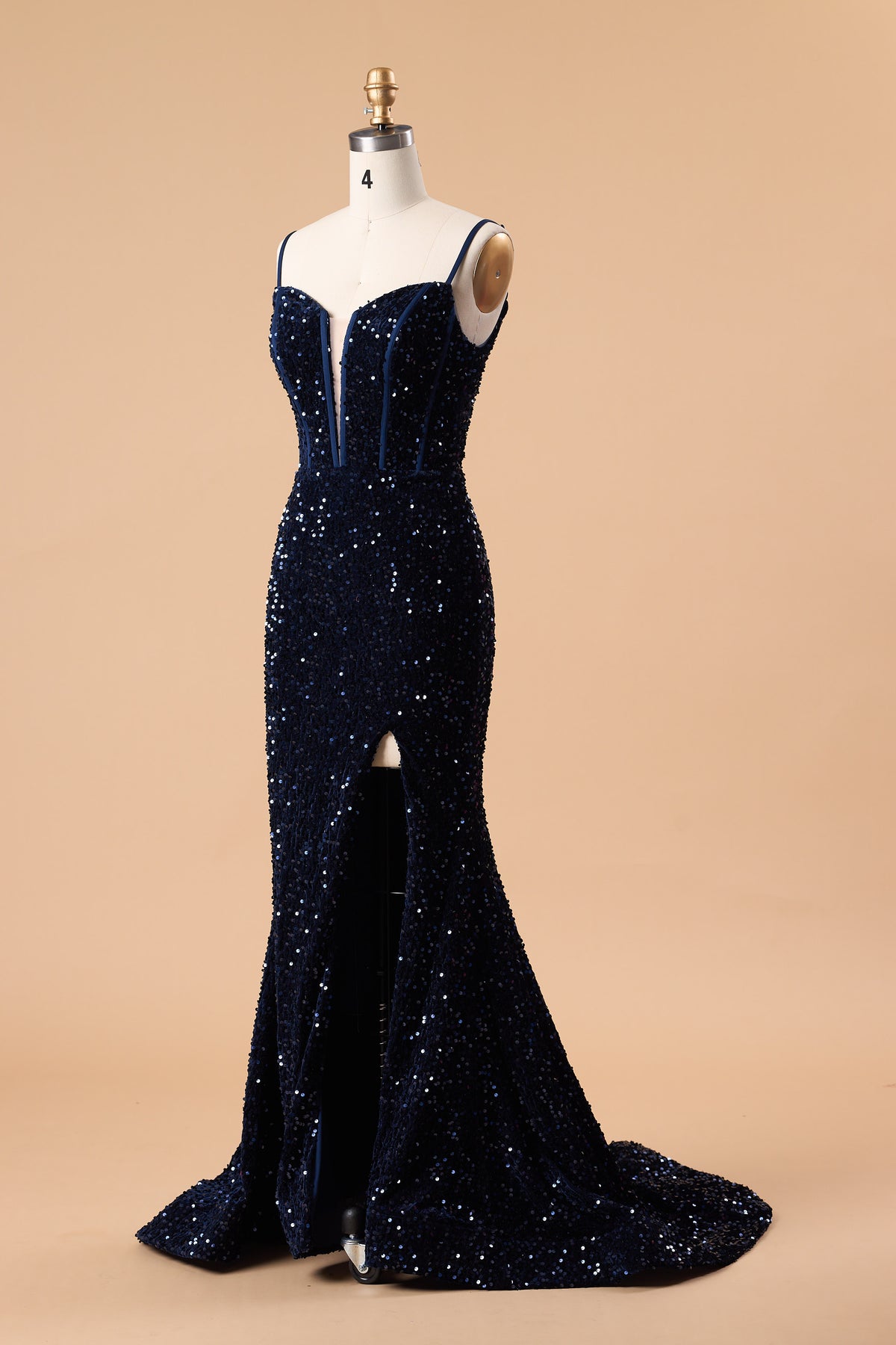 72‑Hour Dispatch Navy Blue Sequin Spaghetti Strap Prom Dress, Plunging Corset Mermaid Gown With High Slit