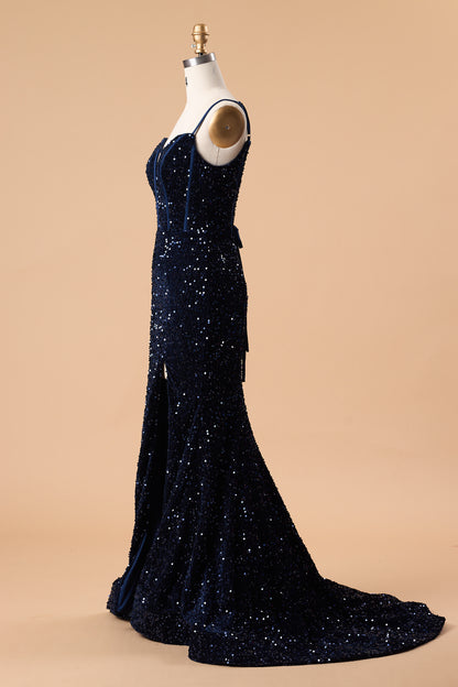 72‑Hour Dispatch Navy Blue Sequin Spaghetti Strap Prom Dress, Plunging Corset Mermaid Gown With High Slit
