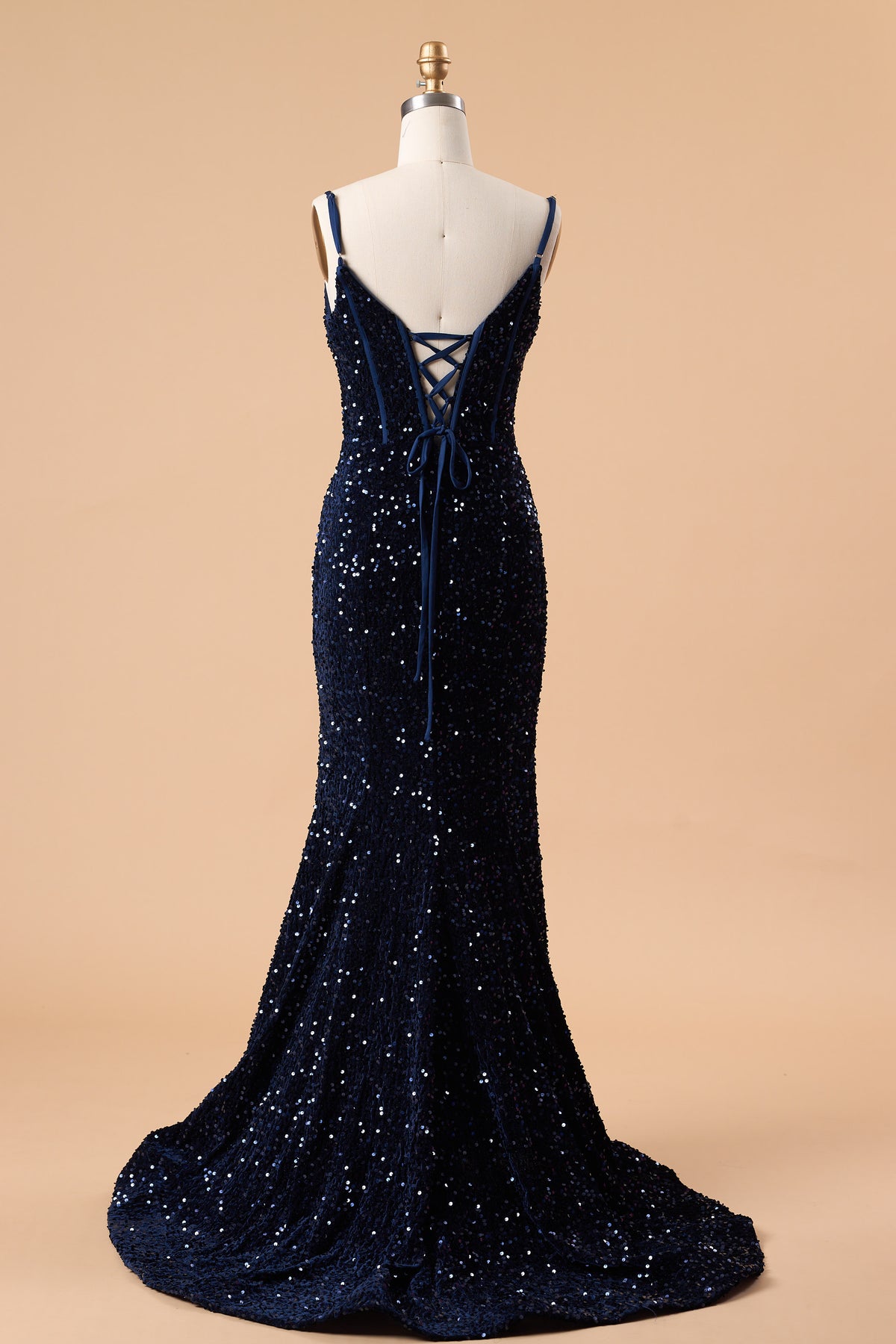 72‑Hour Dispatch Navy Blue Sequin Spaghetti Strap Prom Dress, Plunging Corset Mermaid Gown With High Slit