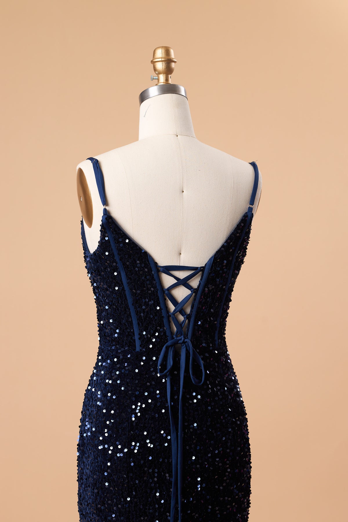 72‑Hour Dispatch Navy Blue Sequin Spaghetti Strap Prom Dress, Plunging Corset Mermaid Gown With High Slit
